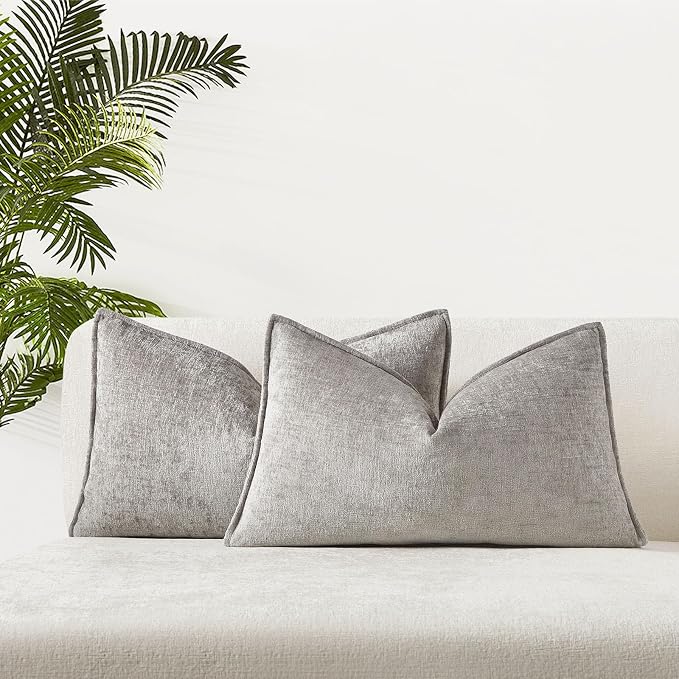 JUSPURBET Grey Chenille Lumbar Throw Pillow Covers 16x24 inch Set of 2 Decorative Soft Textured Cushion Cases for Living Room Sofa Couch Bed Solid Home Decor Broadside Pillowcases