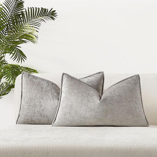 JUSPURBET Grey Chenille Lumbar Throw Pillow Covers 16x24 inch Set of 2 Decorative Soft Textured Cushion Cases for Living Room Sofa Couch Bed Solid Home Decor Broadside Pillowcases