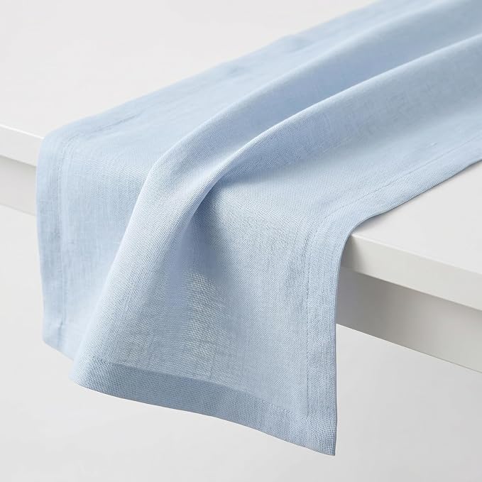 Solino Home 100% Pure Linen Table Runner Ice Water Woven, Fete 14 x 72 in | brings a tailored look to family meals and hosting, European flax fibres, effortlessly elegant, Ice Water, OEKO-TEX Certified