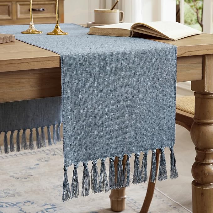 Cotton Linen Table Runner, 13x60 Inch, Dusty Blue with Hand Tassels | Linen Style Rustic Farmhouse Table Runners 60 Inches Long for Home Dresser Kitchen Dining Table Decor, Machine Wash
