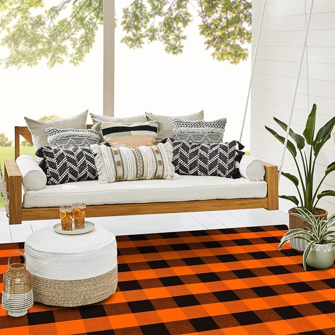 SEEKSEE Buffalo Plaid Rug 4' x 6' Orange and Black Large Front Door Mat, Layering Area Rug, Halloween Rug for Outdoor Patio Entryway Indoor Living Room Kitchen Dining Room Decor