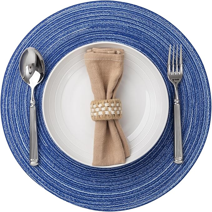 BARoyal Round Placemats Set of 6 Woven Placemats Washable Braided Table Mats for Dining Table Heat Resistant Non-Slip Circle Place Mats(Royal Blue)