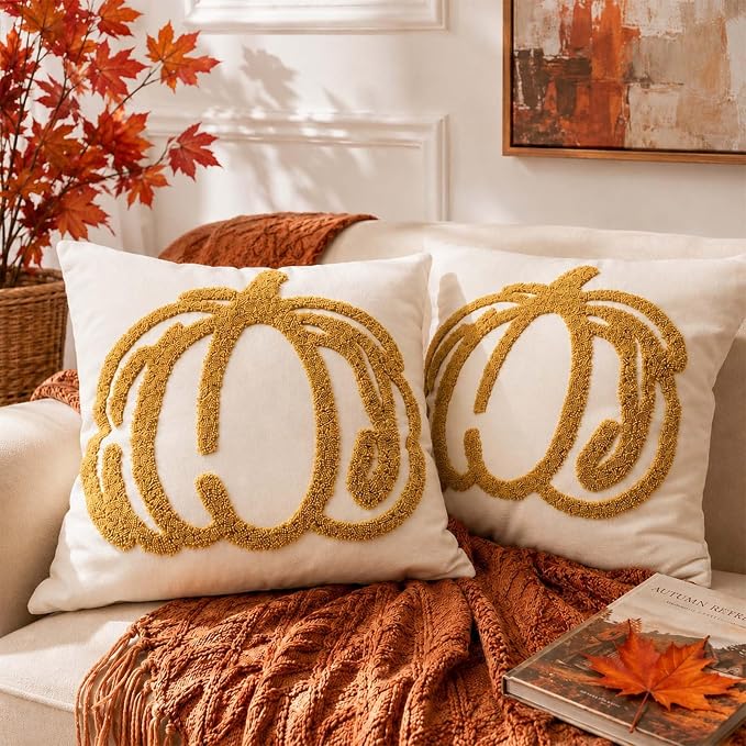 ONFAON Embroidered Fall Pumpkin Pillow Covers 18x18 Inch Set of 2 | Autumn Decor Throw Pillow Cover, Halloween Farmhouse Home Decor Throw Cushion Cases for Living Room Couch Sofa Bed