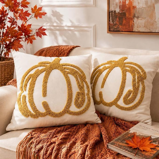 ONFAON Embroidered Fall Pumpkin Pillow Covers 18x18 Inch Set of 2 | Autumn Decor Throw Pillow Cover, Halloween Farmhouse Home Decor Throw Cushion Cases for Living Room Couch Sofa Bed