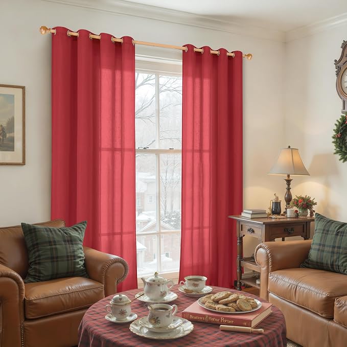 YoungsTex Red Linen Curtains 84 Inches Long for Living Room, Light Filtering Drapes with Grommet Semi Sheer Privacy for Bedroom Dining Room, 2 Panels, 52 X 84 Inch
