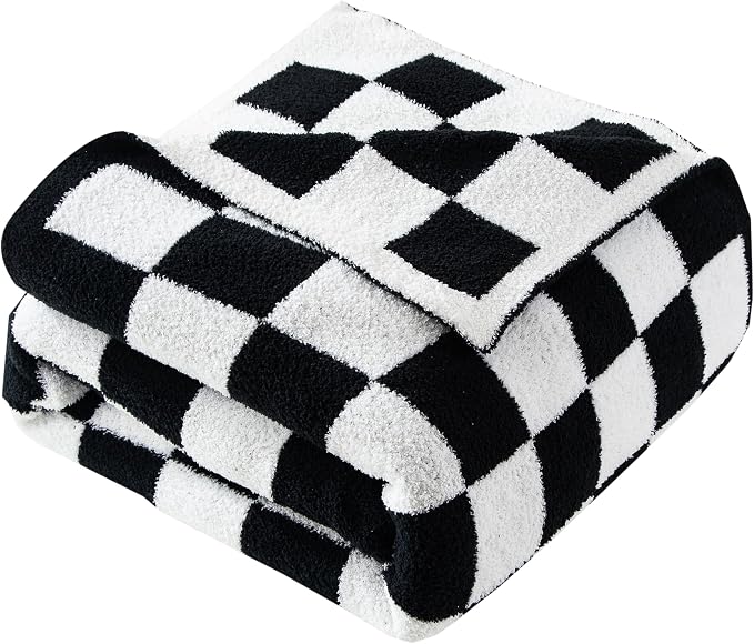 Elegant Comfort Premium Checkered Reversible Throw Blanket - Ultra Soft and Lightweight, Luxury Knitted Breathable Fleece for Couch, Bed, Sofa - Warm Velvet Fluffy Throw, 50 x 70 Inch, Black