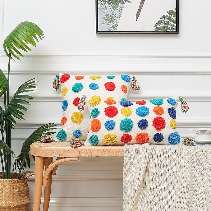 PLWORLD Boho Chenille Throw Pillow Cover 18x18, Tufted Tassel Cushion Case, 1PC Cover Only, No Insert