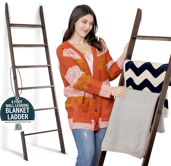 Blanket Ladder for the Living Room and Bedroom, Quilt Rack, Rustic Hickory | 5ft 8 inch, 6-Tier Wall Leaning Blanket Holder, Laminate Snag Free, Rustic Decorative Farmhouse Ladder Shelf for Blankets