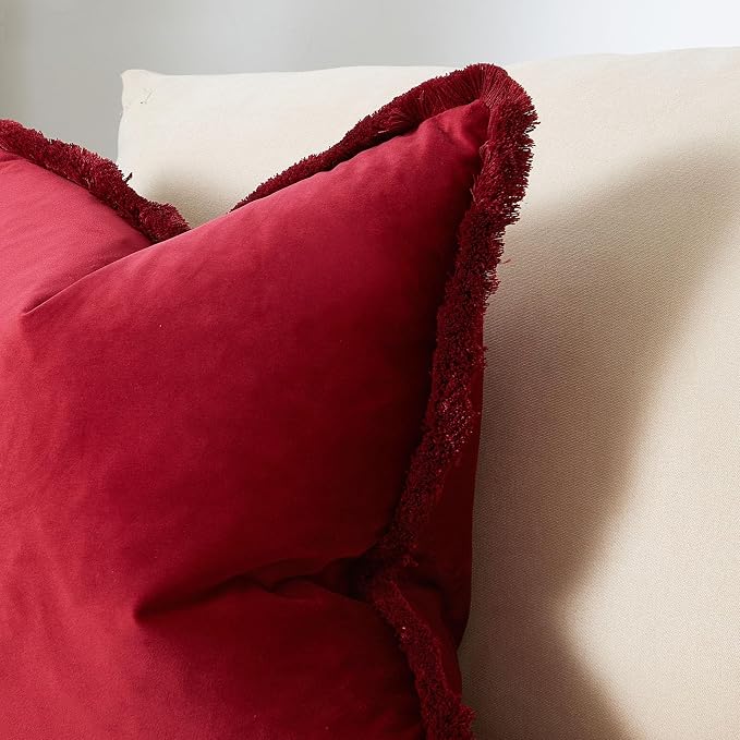 JUSPURBET Red Velvet Throw Pillow Covers 24x24 Inch Set of 2 with Soft Tassel Fringe Luxury Boho Pillowcase for Sofa Couch Bed Home Decor Machine Washable