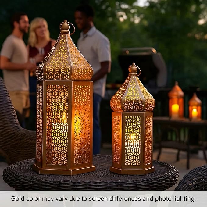 Vela Lanterns Decorative Indoor Gold Moroccan Temple Lanterns, Set of 2