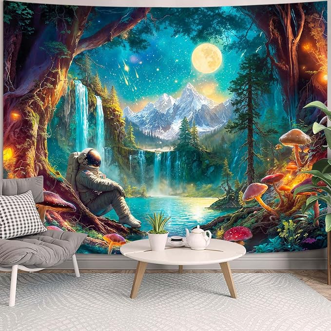 Zussun Mushroom Forest Tapestry Astronaut Nature Waterfull Snow Mountain Tapestry for Bedroom Aesthetic Fairy Moon Landscape Small Tapestries Wall Hanging for Dorm Living Room Decor 60 x 44 Inch