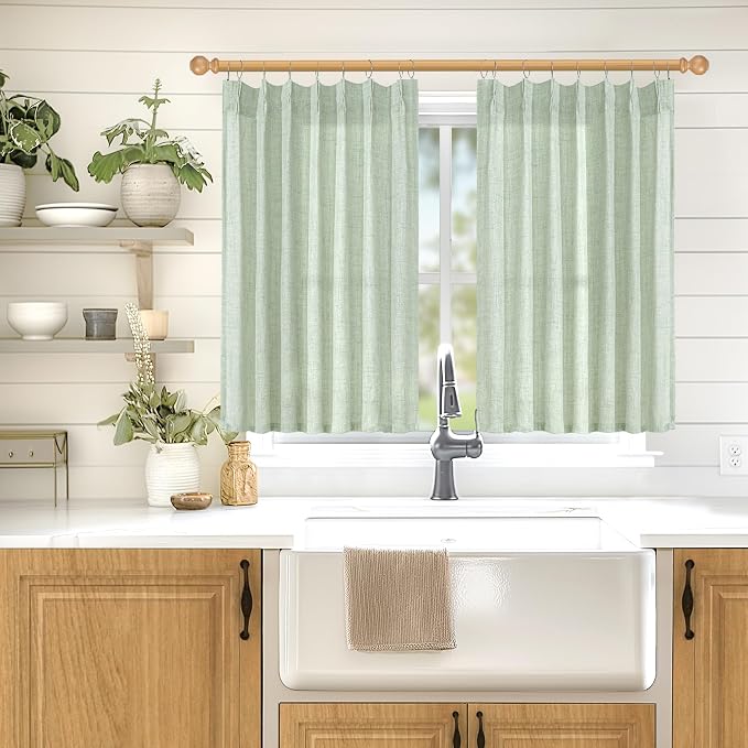 YoungsTex Sage Geen Kitchen Linen Curtains 36 Inch Length, Light Filtering Short Burlap Textured Drapes for Cafe Bathroom Small Window Rustic Country with Pinch Pleated, 2 Panels, 40 X 36 Inch