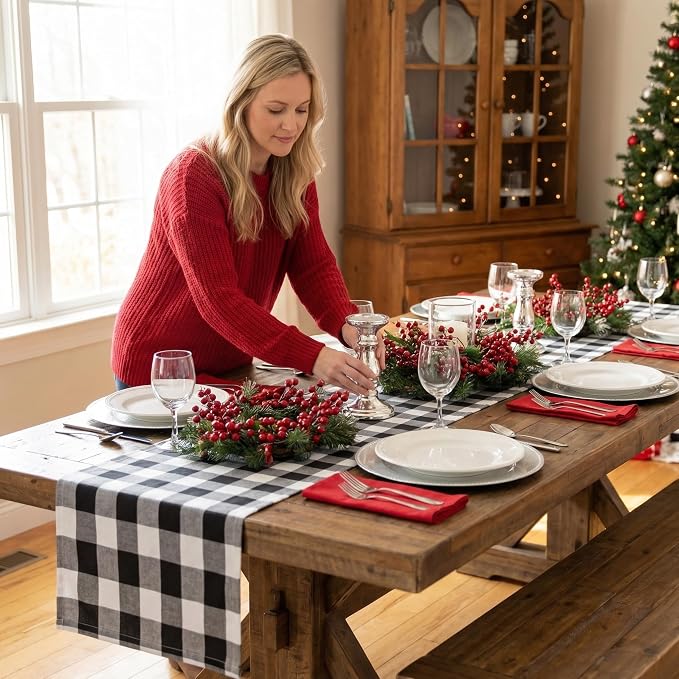ShinyBeauty Black and White Checkered Table Runner, 13x108, for Dining | Farmhouse Style, Soft Cotton Fabric, Buffalo Plaid Gingham Pattern, 108 Inch Long for Party Picnic Decor 6-8 Person Table