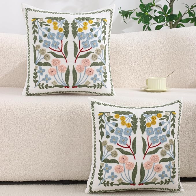 Embroidered Throw Pillow Covers 18x18 Pack of 2 Decorative Pillow Covers Blue Floral Pillowcases Farmhouse Pillow Cushion Cases Square Flower Pillow Case Summer Home Decor