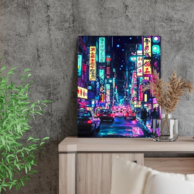 Wesluin 12"x16" Neon Tokyo Canvas – Anime Night Street Japanese Wall Art | Electric avenue glows with synthwave dream. Cyberpunk Asian cityscape. Hook included, ready to hang.