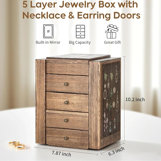Meangood Jewelry Box Wood for Wowen, 5-Layer Large Organizer Box with Mirror & 4 Drawers for Rings, Earrings, Necklaces, Walnut