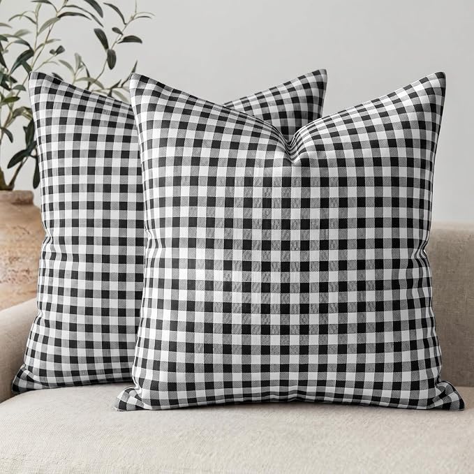Black and White Farmhouse Boho Gingham Throw Pillow Covers 18x18 Set of 2 | Black and White Outdoor Gingham Plaid Christmas Decorative Throw Pillow Covers Set of 2, Fundas Para Cojines De Sala Navidad