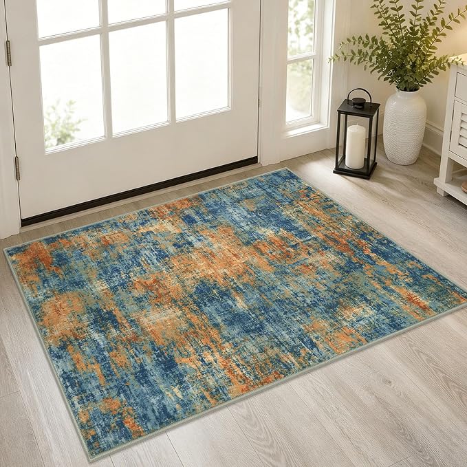 Lansny Abstract Washable Entryway Rug 2x3 Area Rug Small Non Slip Door Mat | Teal/Orange;Thin Printed Faux Wool Kitchen Rugs;Indoor Front Door Rug;Entry Rug;Throw Rugs for Foyer,Entrance;Floor Carpet