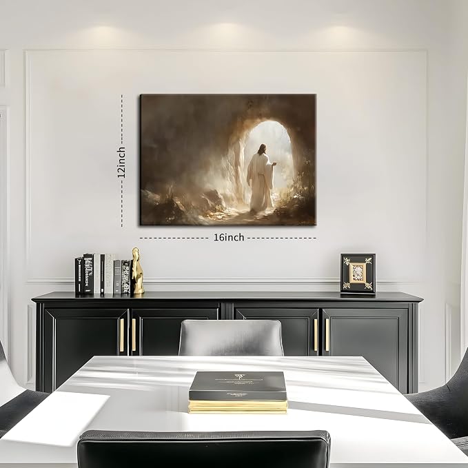 Easter Jesus Leaves the Tomb Canvas Wall Art, Christian Resurrection Savior Wall Decor Paintings, Religion Bible Pictures Posters Prints for Church Prayer Room Living Room 12x16 Inch Framed