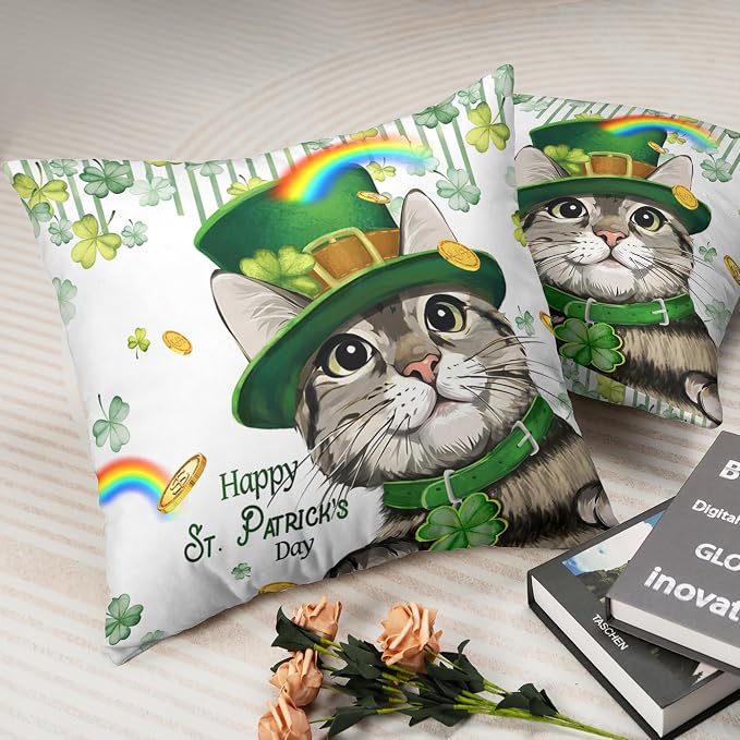 Happy St Patricks Day Pillows Covers 16x16 Pack of 2 Lucky Cat Clover Pillow Covers Rainbow Gold Coin Shamrock Decorative Pillow Cases Cushion Case for Living Room Couch Sofa