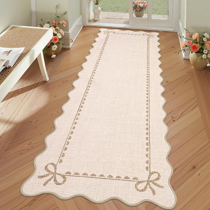 COZYLOOM 2x6 Hallway Runner Rug Machine Washable Area Rugs with Non Slip Backing, Stain Resistant Non Shedding Scalloped Carpet Low Pile Foldable Bordered Bow Mats for Bedroom Bathroom Kitchen, Beige