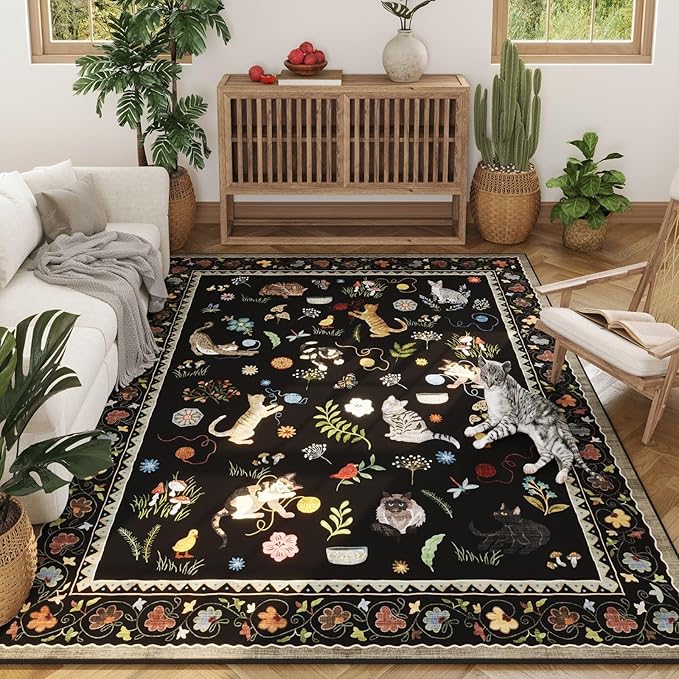 Rugcomf Area Rugs 9x12 Living Room Clearance Washable Boho Rug Non Slip Floral Animal Cat Vintage Low Pile Large Rug for Living Room Bedroom Farmhouse Dining Room Kids Playroom, Black