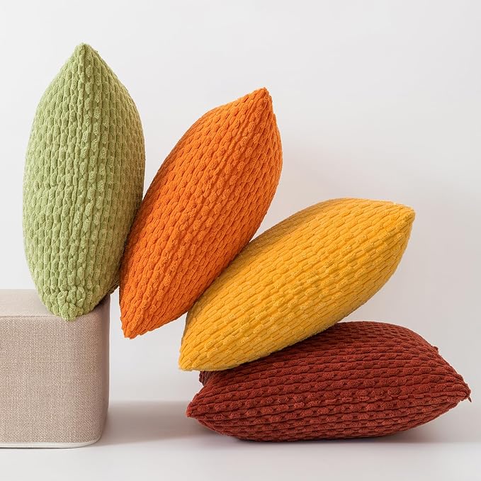 Kevin Textile Spring Decorative Pillow Covers 18x18 Inch Set of 4 Soft Boho Corduroy Throw Pillow Cases Mix and Match Colors Plush Texture Pillows for Sofa Couch Bedroom Home Decor Cream Green/Orange