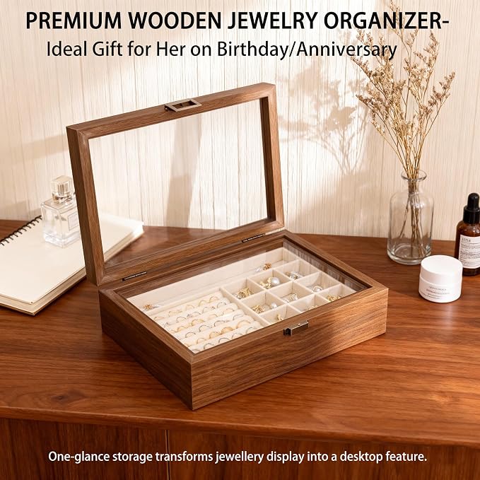 2-Layer Glass Lid Walnut Jewelry Box,Wooden Jewelry Organizer | Vintage Style Jewelry Box for Women girls,Ideal Gift for Rings, Earrings, Necklaces & Bracelets