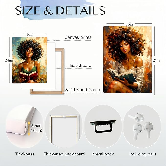African American Women Canvas Wall Art, Boho Floral Black Girl Painting3Pcs | Modern African wall art: boho black woman reading, framed canvas for living room, office, bedroom, 16x24in