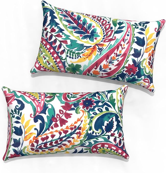 Outdoor Lumbar Pillow Covers 12”x20”, Rectangle Throw Pillow Covers for Patio Furniture, Decorative Lumbar Cushion Case for Garden Balcony Couch Office Chair, Pack of 2, Vigour Paisley