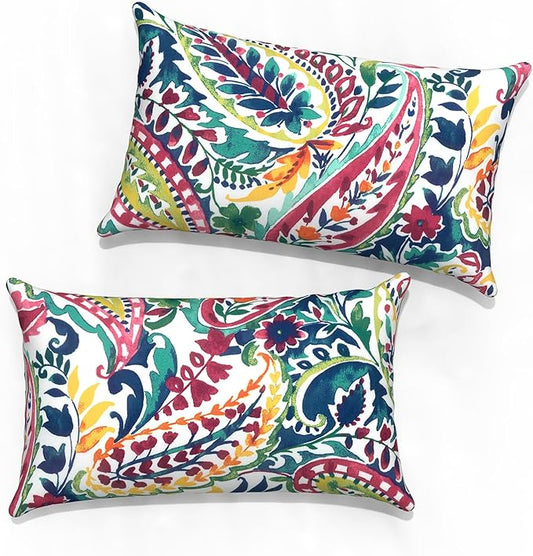 Outdoor Lumbar Pillow Covers 12”x20”, Rectangle Throw Pillow Covers for Patio Furniture, Decorative Lumbar Cushion Case for Garden Balcony Couch Office Chair, Pack of 2, Vigour Paisley