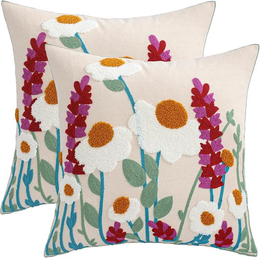 LUOYEHK Embroidered Throw Pillow Covers 18x18 Inch Set of 2 Spring Flower Decorative Pillow Cover Summer Boho Cushion Pillowcase for Couch Sofa Bed Living Room, Daisy Lavender