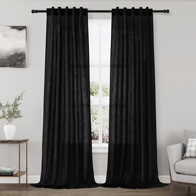 Black Semi Sheer Linen Curtains 84 inch Length for Living Room Back Tab Rod Pocket Modern Farmhouse Coastal Decor Black Cotton Textured Gauze Curtains for Dining Room Office 38x84