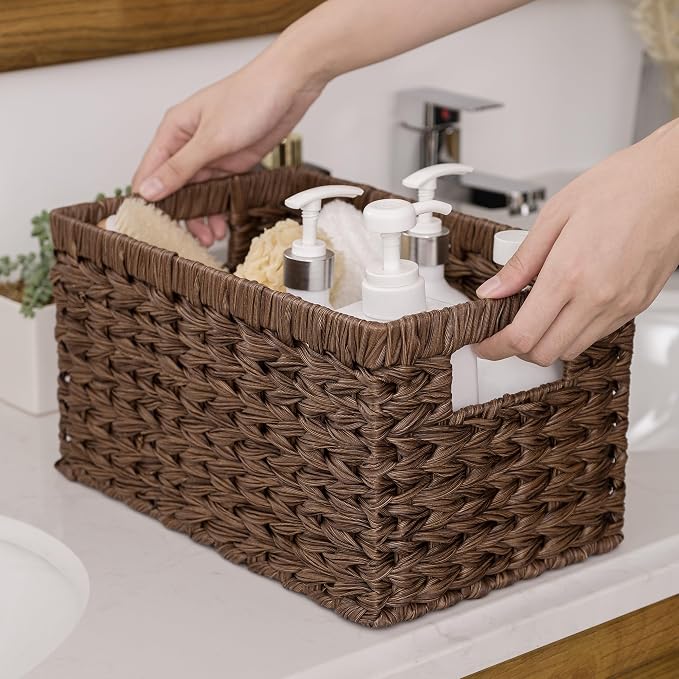 GRANNY SAYS Wicker Storage Baskets for Shelves, Brown Wicker Baskets,2-Pack | Waterproof Large Wicker Baskets for Organizing, Woven Basket for Pantry, Rectangle Basket for Shelf,Woven Baskets for Storage
