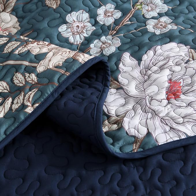 Litanika Floral Teal Quilt Oversized King - 3Pcs Botanical Birds Bed Set | Super King Plus Bedspread Summer Lightweight Soft Coverlet with Pink Flower for All Seasons(128"x120")