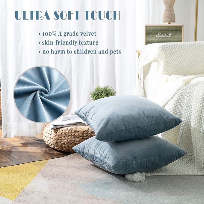 Stellhome Super Soft Decorative Velvet Cushion Covers Square Throw Pillow Covers for Bed Couch Sofa Bench, 20 x 20 inch (50 cm), Silver Blue, Pack of 2 Square Solid Throw Pillow Case