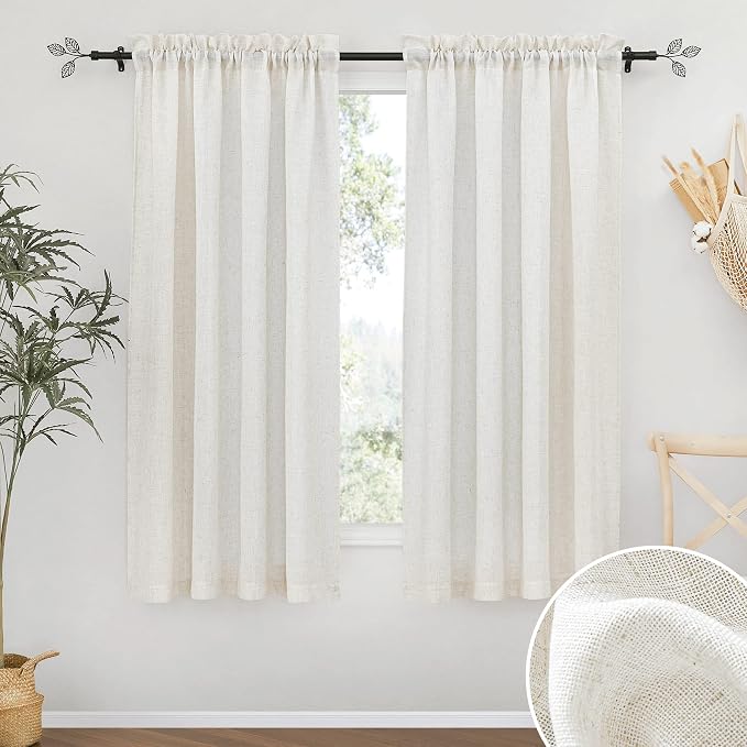 RYB HOME Linen Textured Semi Sheer Curtains 63 inches Long for Living Room | Half Privacy, Light Filtering, Faux Linen Blend, Office Nursery Dorm Bathroom, W52 x L63, Linen