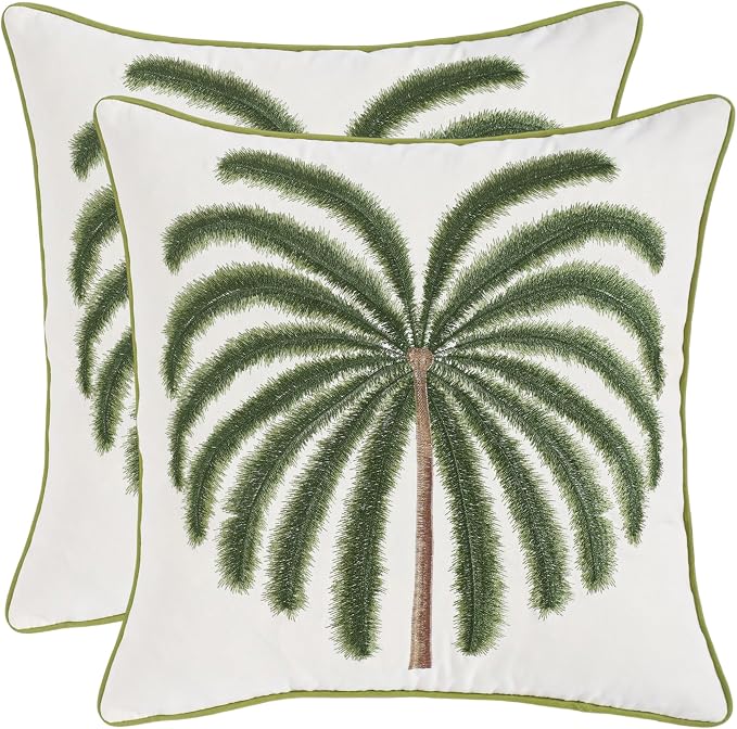LUOYEHK Summer Embroidered Throw Pillow Covers 18x18 Inch Set of 2 Green Tropical Palm Tree Pillow Cover Spring Farmhouse Decorative Pillowcase Square Cushion Covers for Couch Sofa Bed Home Decor