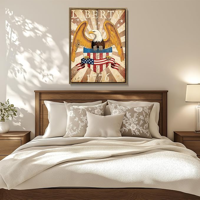 American Flag Framed Canvas Wall Art, 4th of July Patriotic Canvas Prints | USA Flag with Bald Eagle Poster Print, Vintage Independence Day Wall Decor for Bedroom Living Room 11×14in