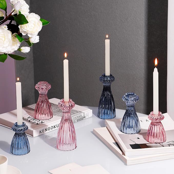 Lysenn Glass Candlestick Holders, Taper Candle Holders Set of 3, Pink