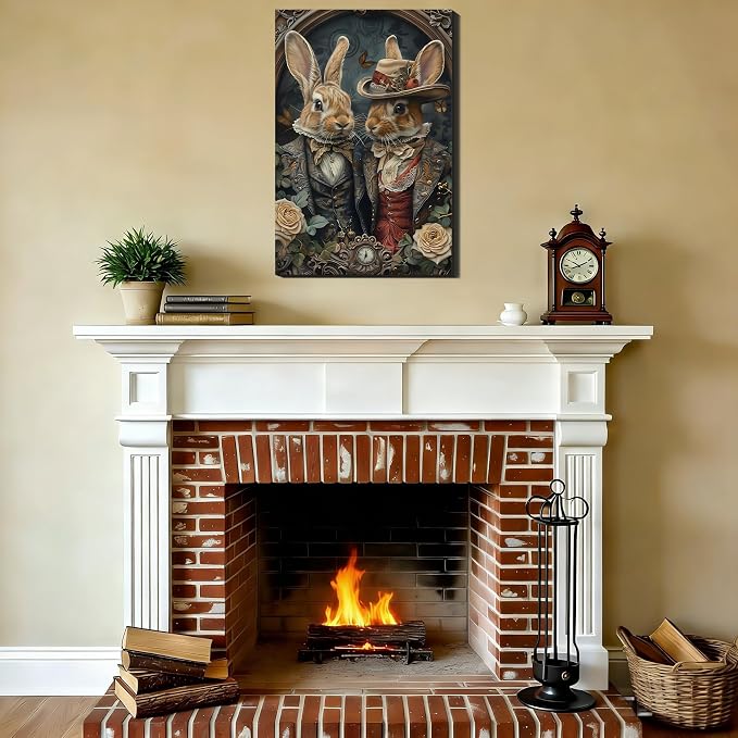 Large Elegant Easter Bunny Canvas Wall Art 24x36, Retro Dress Up Couple Rabbit Pictures Wall Decor Funny Poster Prints for Office Easter Decorations Home Bathroom Bedroom Artwork
