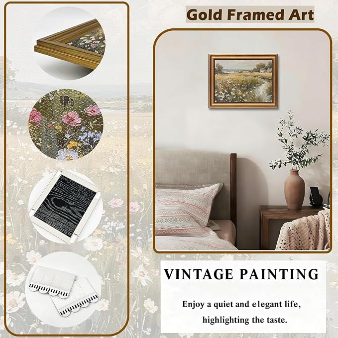Vintage Gold Framed 3D Textured Wall Art Country Wildflower Field River Wall Decor Picture Summer Farmhouse Nature Rustic Cottagecore Landscape Poster Print for Gallery Home Decoration 9x11in