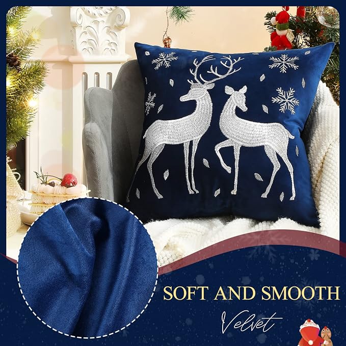 Lewondr Christmas Throw Pillow Cover, White Deer Snowflake, 20"x20", 2 Pack | Navy Blue, Soft Velvet, Embroidery Decorative, Luxurious Sofa Cushion Cover, Home Christmas Decoration