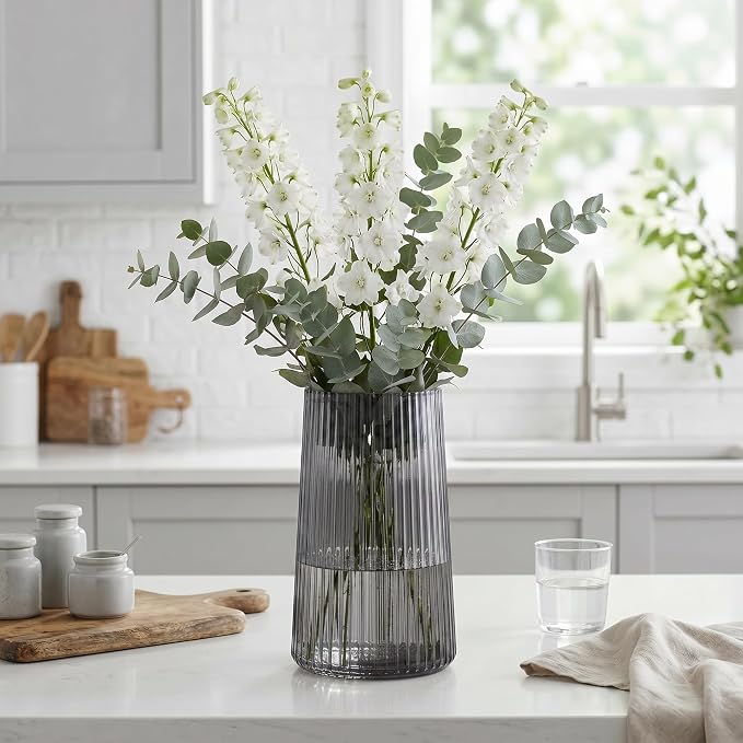 Black Glass Vase for Flower, Flower Vase for Bouquet, Modern Glass Vases, Ribbed Vases for Living Room, Bedroom, Dining Table, Office, Wedding, Centerpieces, 8 Inches