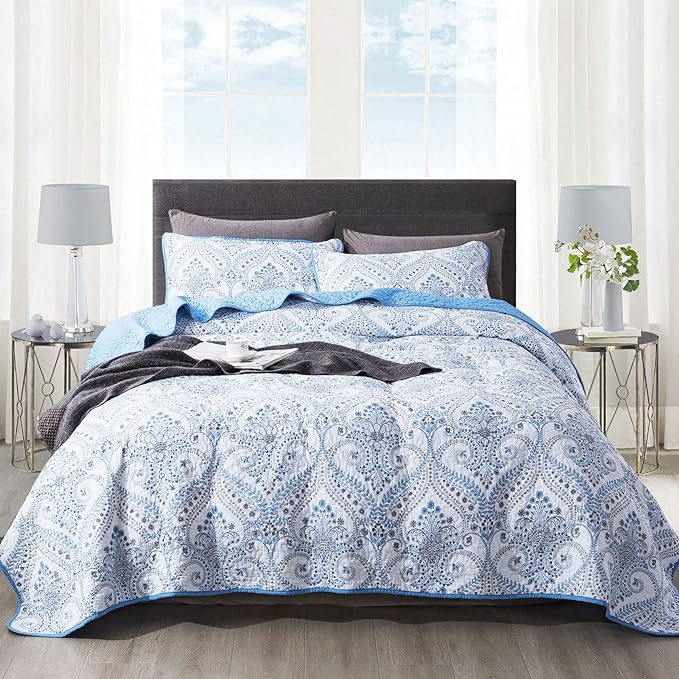 NEWLAKE Cotton Bedspread Quilt Sets - Reversible Patchwork Coverlet Set, Blue Classic Royal Pattern, California King Size