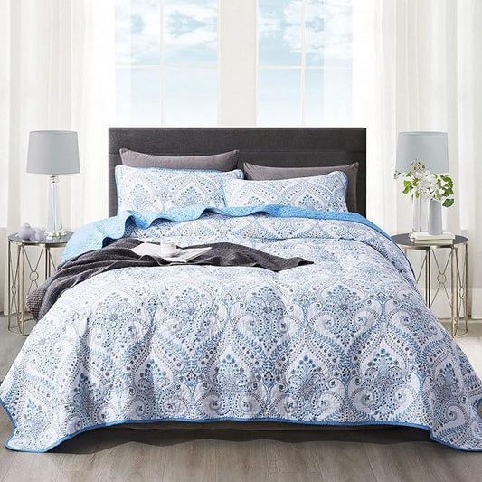 NEWLAKE Cotton Bedspread Quilt Sets - Reversible Patchwork Coverlet Set, Blue Classic Royal Pattern, California King Size