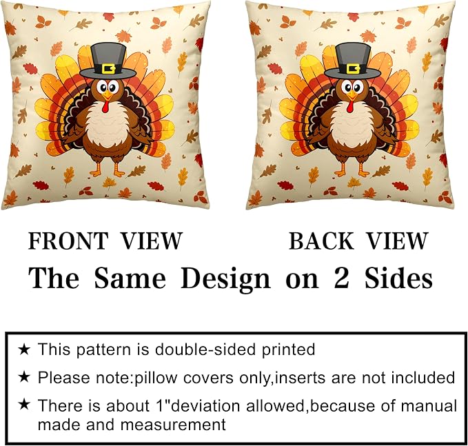 Happy Thanksgiving Pillow Covers 18x18 Cute Cartoon Turkey with Fall Maple Leaves Throw Pillow Covers Square Cotton Blend Pillow Case Set of 2 for Living Room Sofa Bedding
