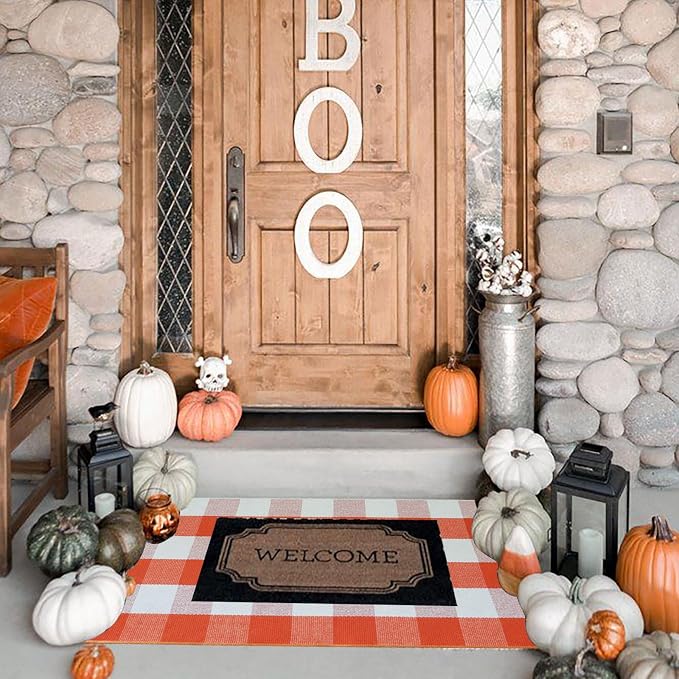 Buffalo Plaid Outdoor Rugs, 2'x4'3'' Orange and White Checkered Indoor/Outdoor Area Rug, Layering Rug for Hello/Welcome Door Mat, Washable Cotton Woven Farmhouse Mat for Fall Front Porch Décor