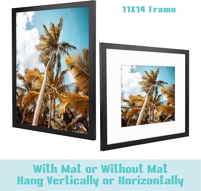 Frametory 2 Pack 11x14 Black Picture Frame with Real Glass Mat for 8x10