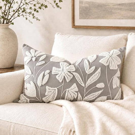 BlissBlush Lumbar Pillow Cover 12x20 Inch, Light Gray Floral Tufted Velvet Decorative Accent Pillow Case for Sofa Bed Living Room, Cover Only